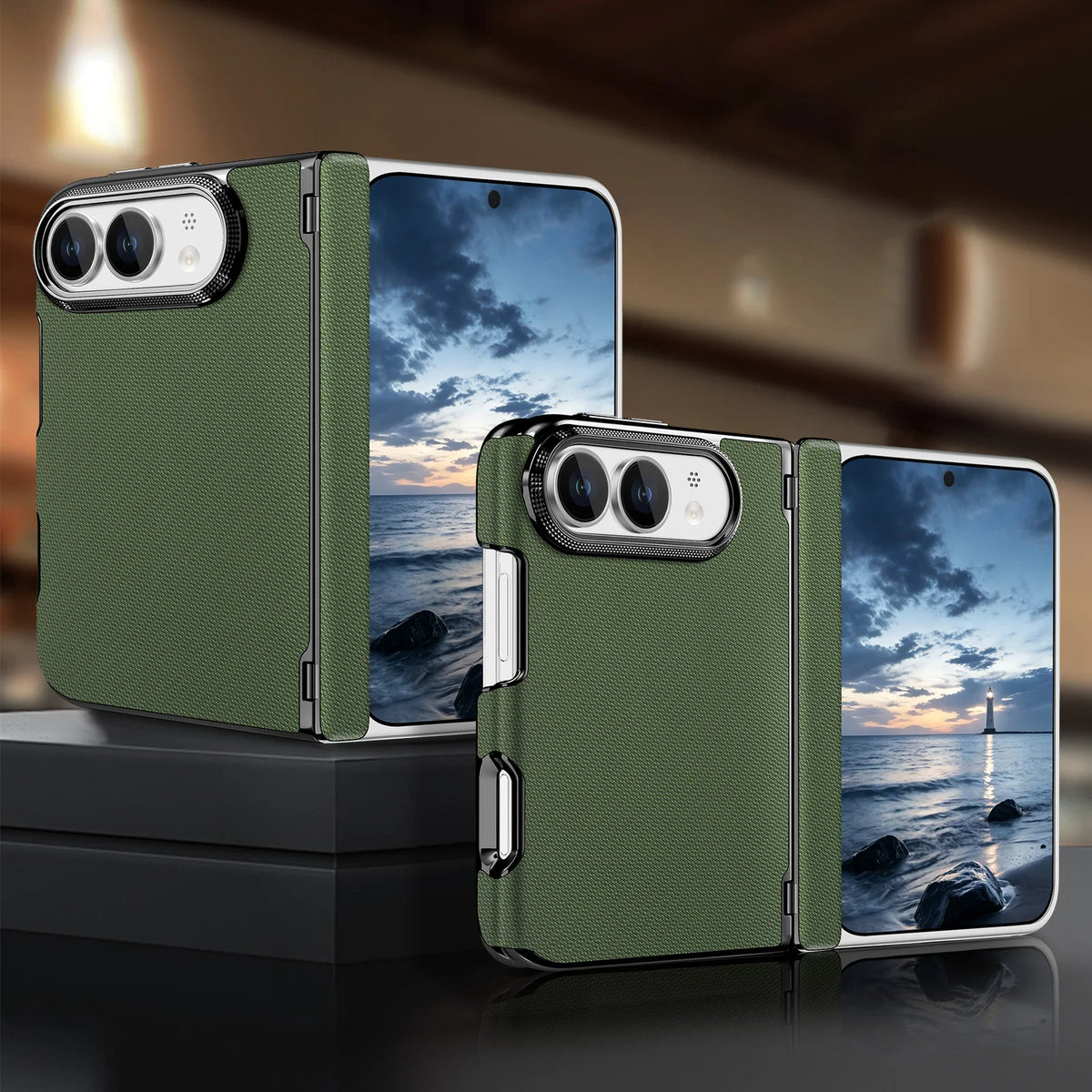 Textured Fabric Hinge Protection Case with Central Axis Reinforcement for iPhone Duo
