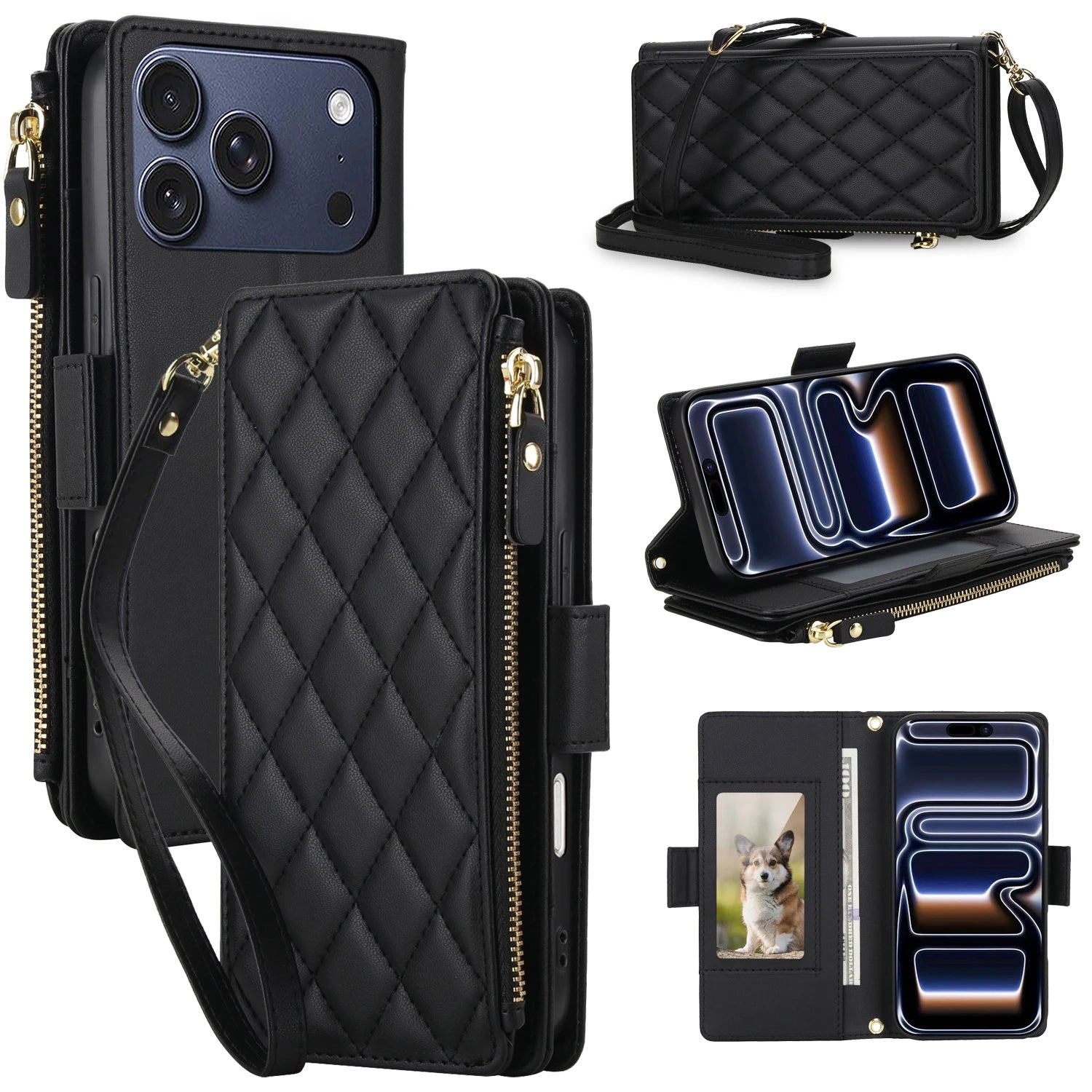 Crossbody Leather Wallet Case with Zipper and Card Slots for iPhone 17 Series