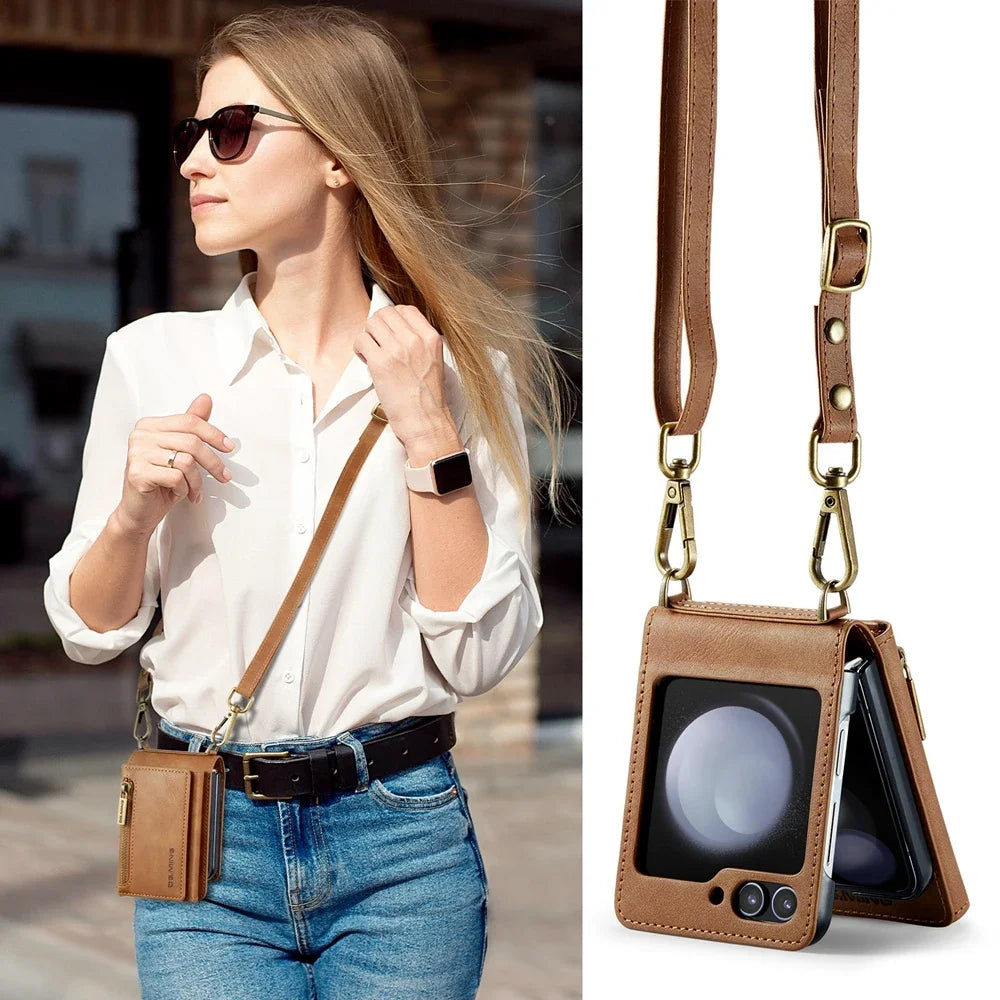 Crossbody Leather Wallet Case with Card Slot & Zipper for Samsung Galaxy Z Flip 6