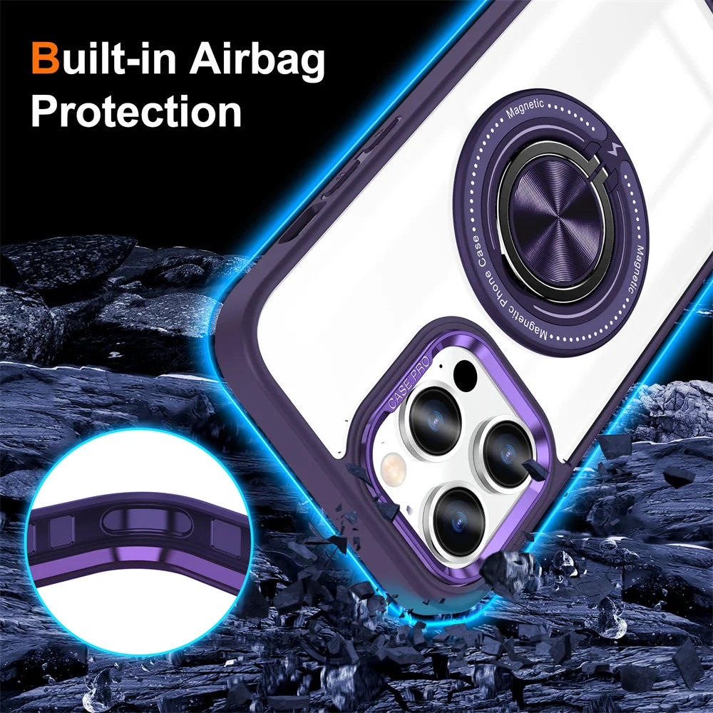 Crystal Clear Magnetic Case with Ring Stand for iPhone 15 Series