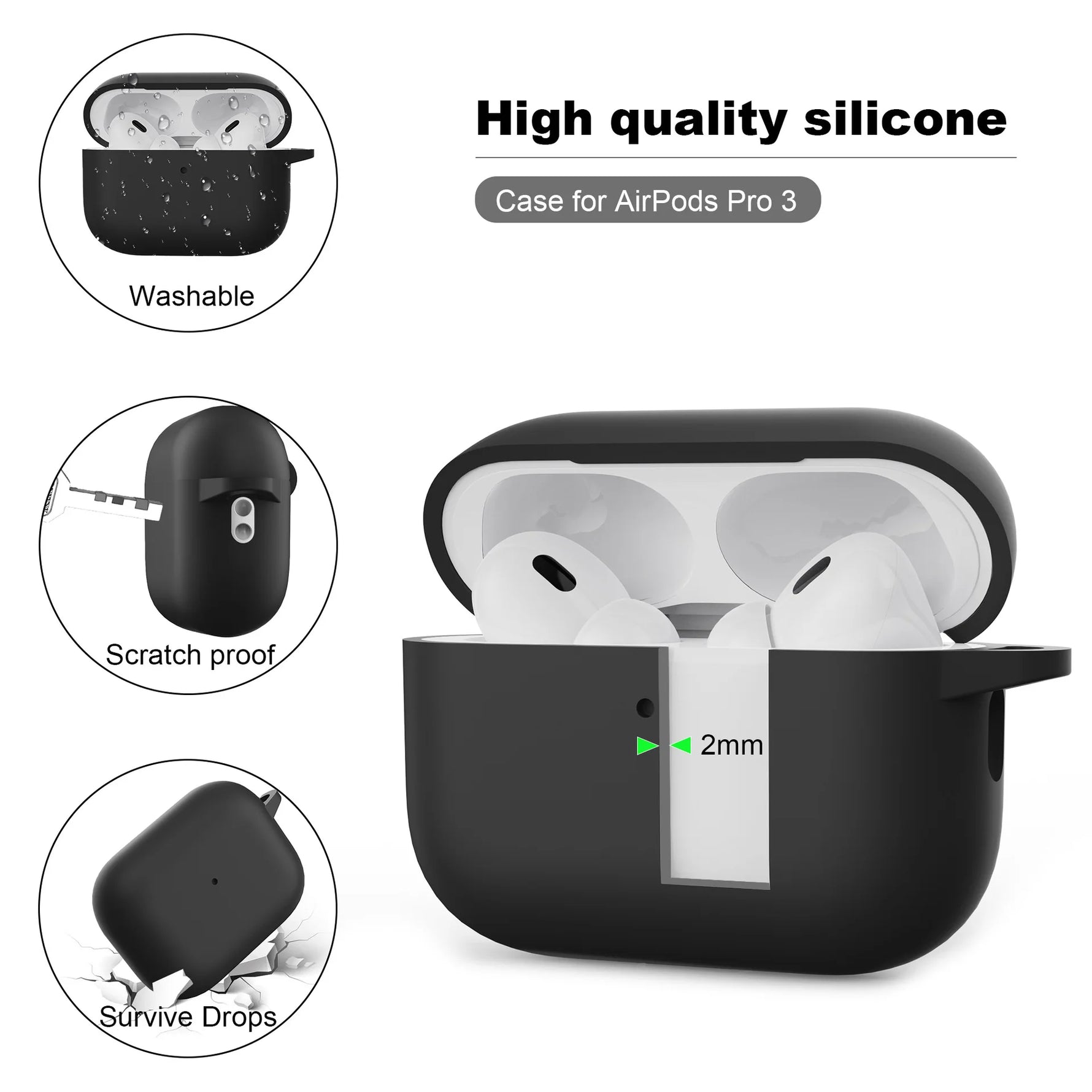 Soft Silicone Protective Case with Hook for AirPods Pro 3