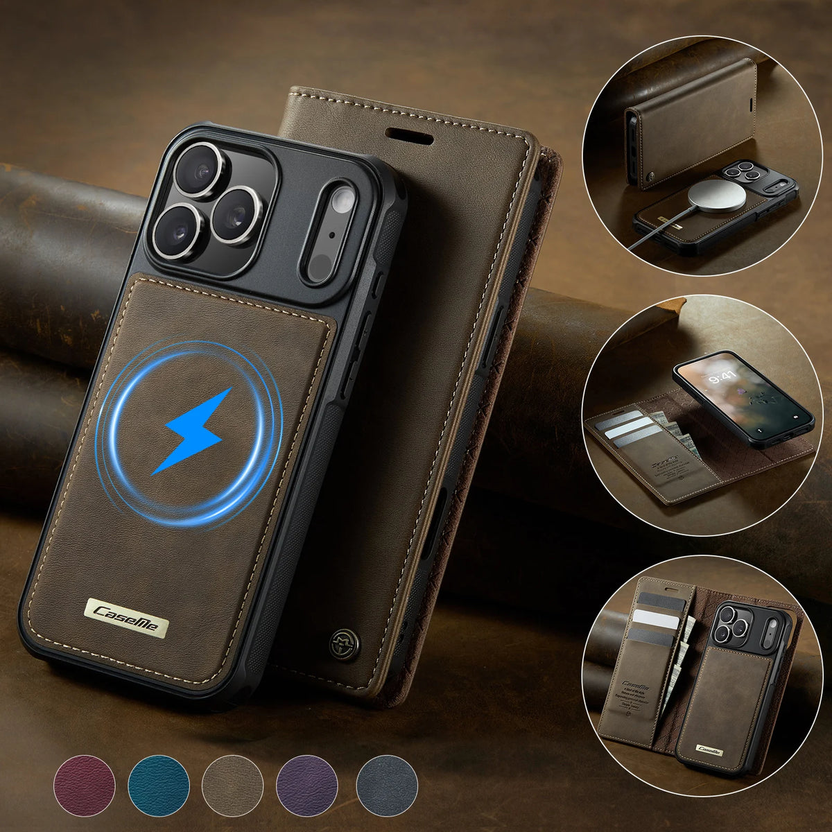 Leather Magnetic Flip Wallet Case with Kickstand for iPhone 18 Series