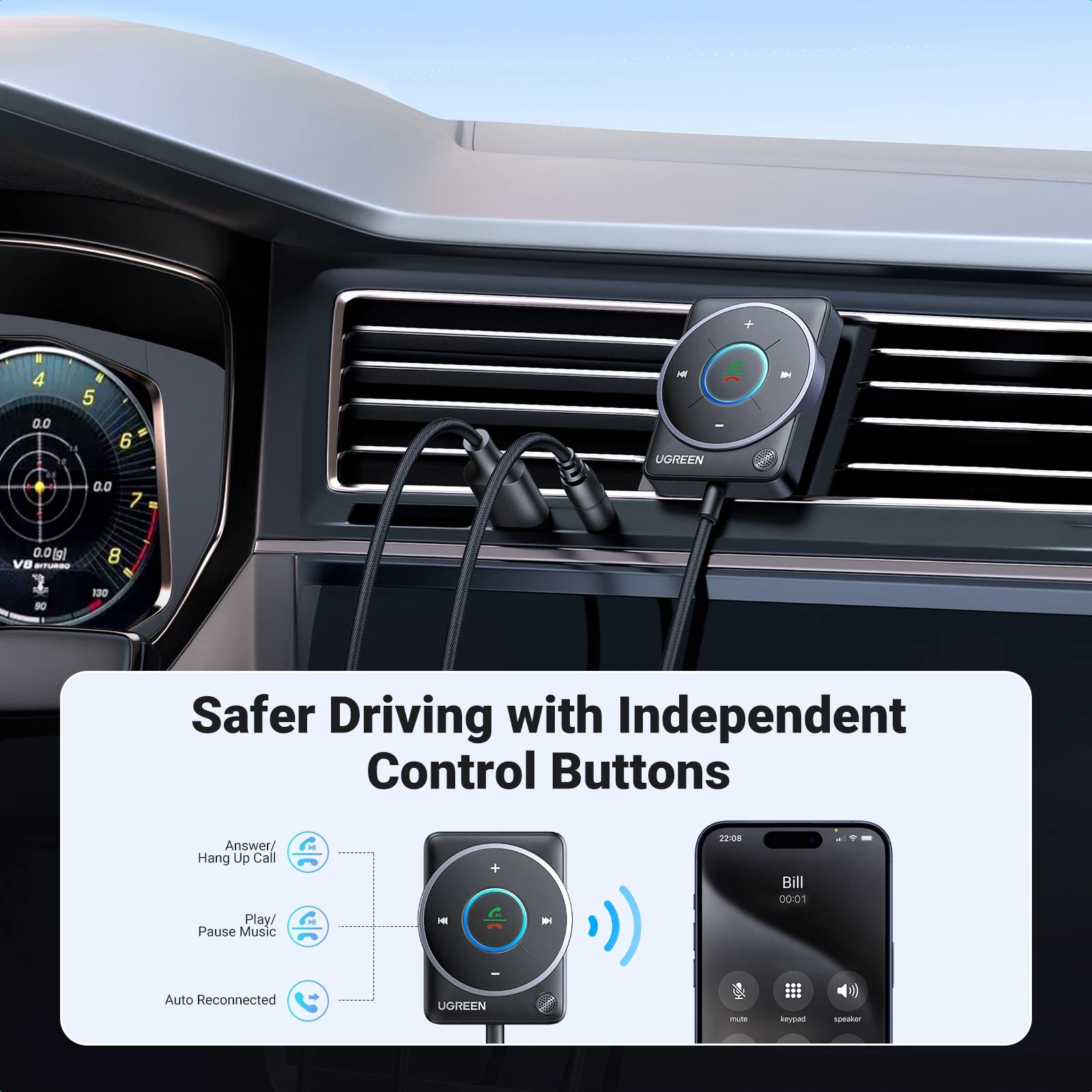 UGREEN Bluetooth 5.4 Car Receiver Adapter with Microphones and Noise Cancellation