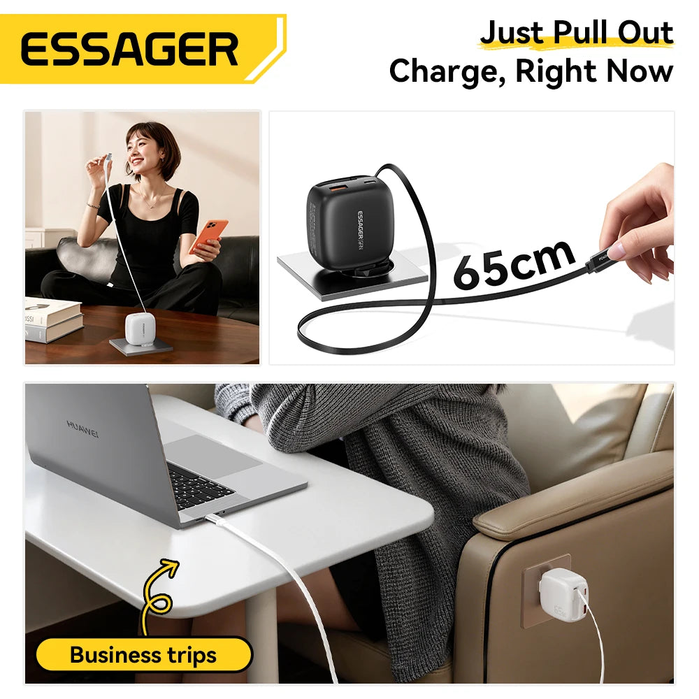 Essager 65W GaN Fast Charger with Retractable Type-C Cable