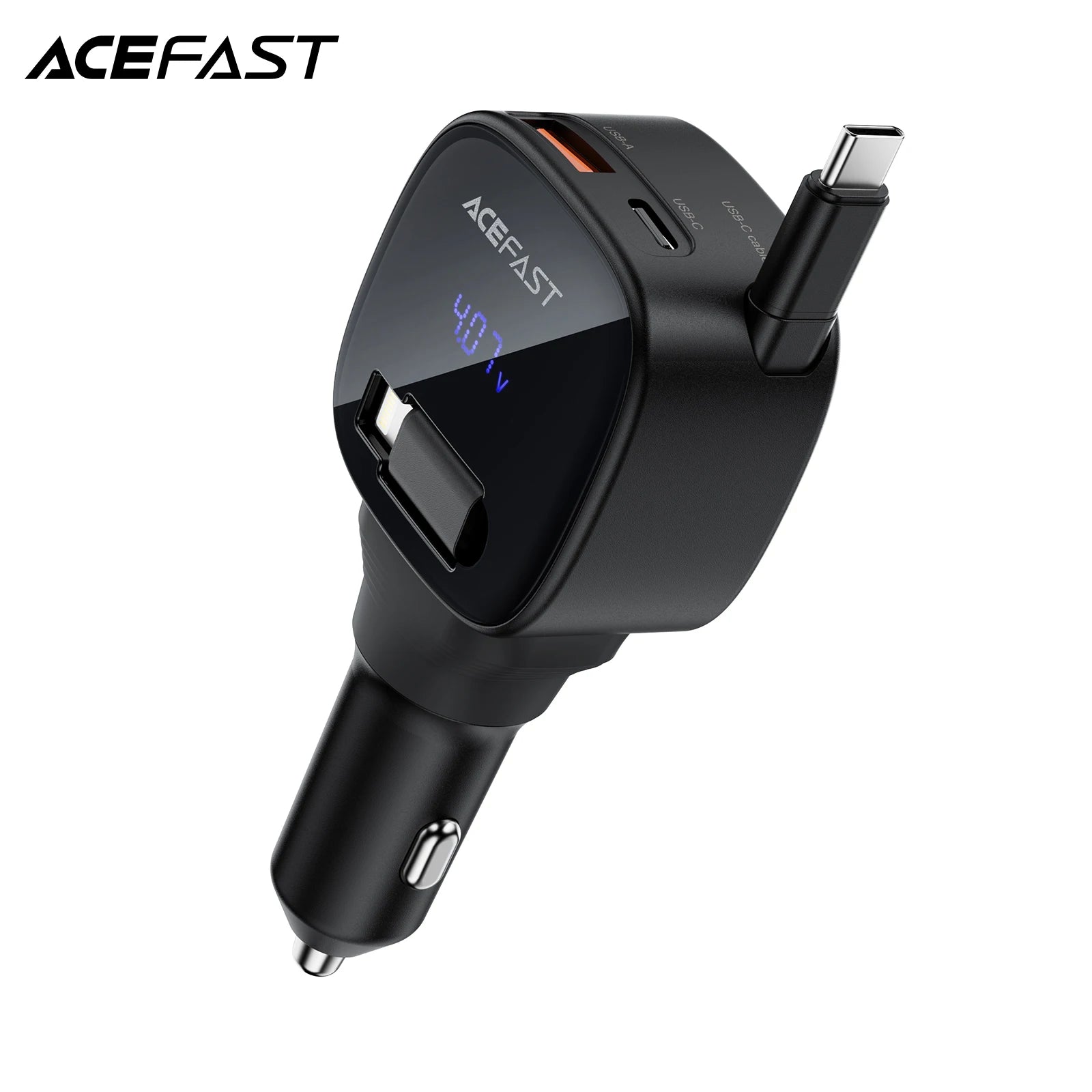 ACEFAST B17 95W Car Charger with Retractable USB-C Cable and LED Digital Display