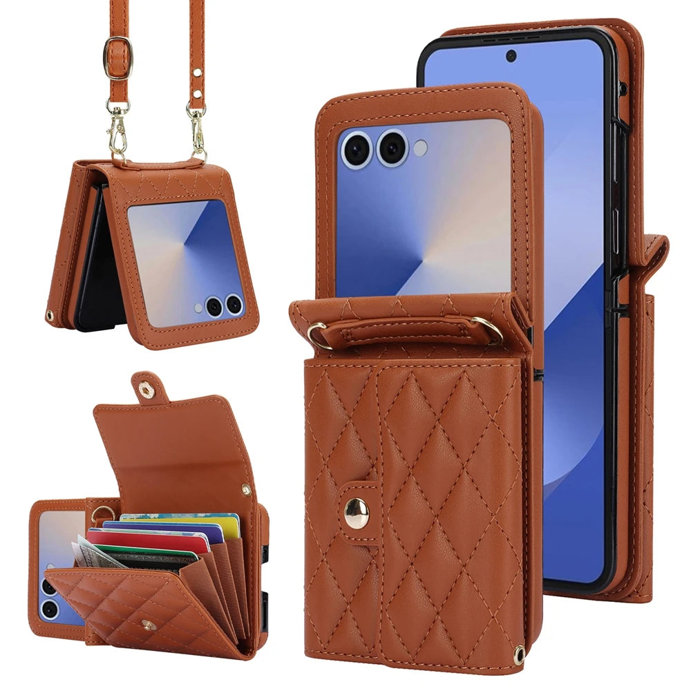 Anti-Drop Leather Wallet Case with Crossbody Strap and Card Holder for Samsung Galaxy Z Flip 7