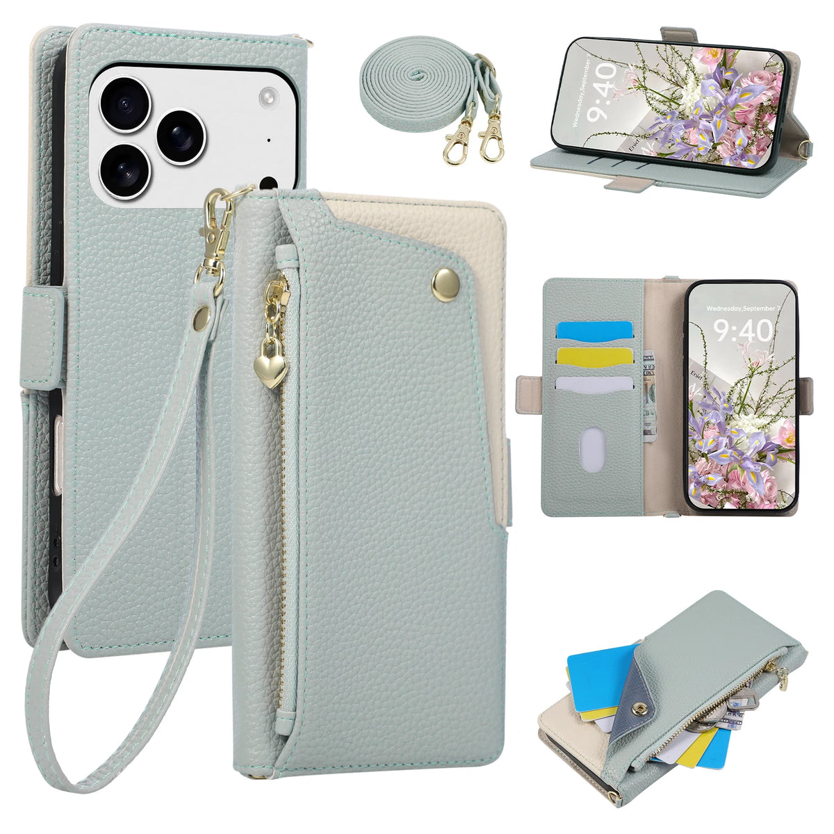 Pebbled Leather Crossbody Wallet Case with Detachable Shoulder Strap for iPhone 18 Series
