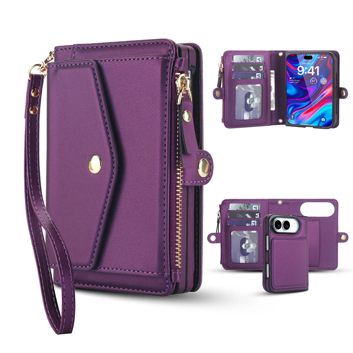 Zipper Wallet Crossbody Case with Detachable Phone Case for iPhone Duo