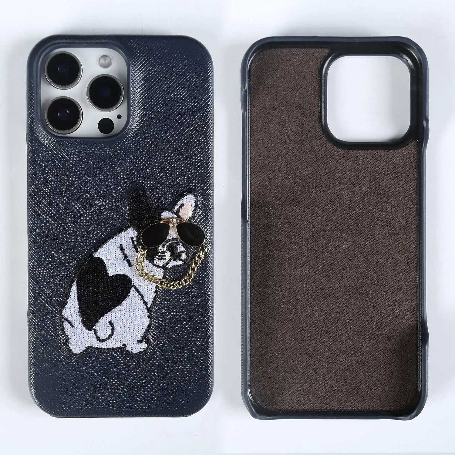iPhone 16 Series Real Cowhide Leather Case with Embroidered Dog Design