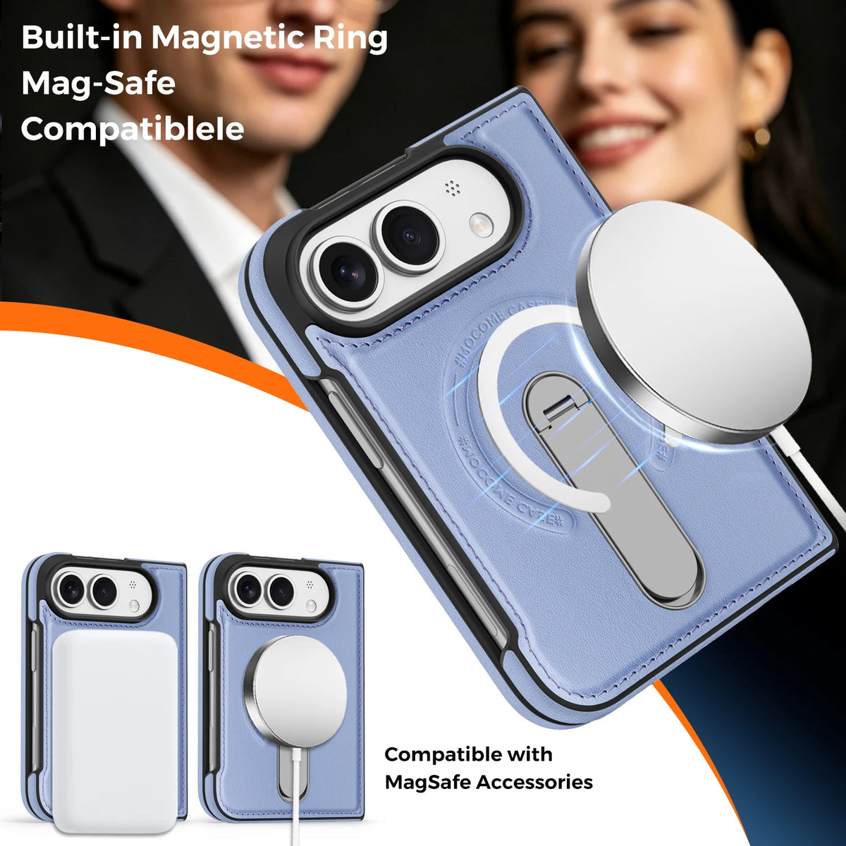 Faux Leather MagSafe Kickstand Case with 360° Rotating Stand for iPhone Duo
