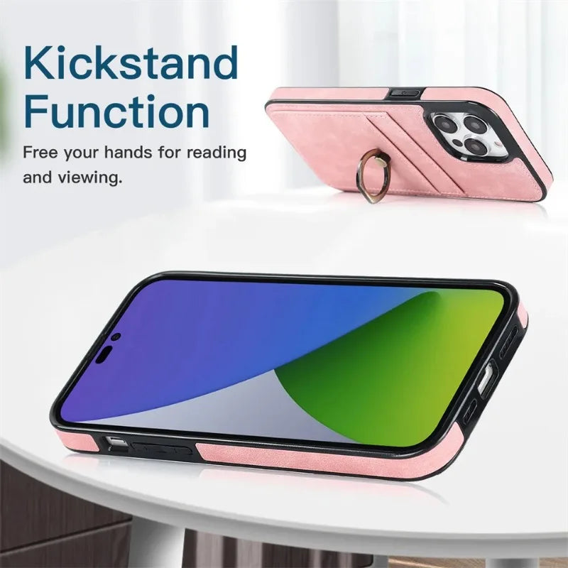 Shockproof Retro PU Leather Case with Ring & Card Slots for iPhone 15 Series