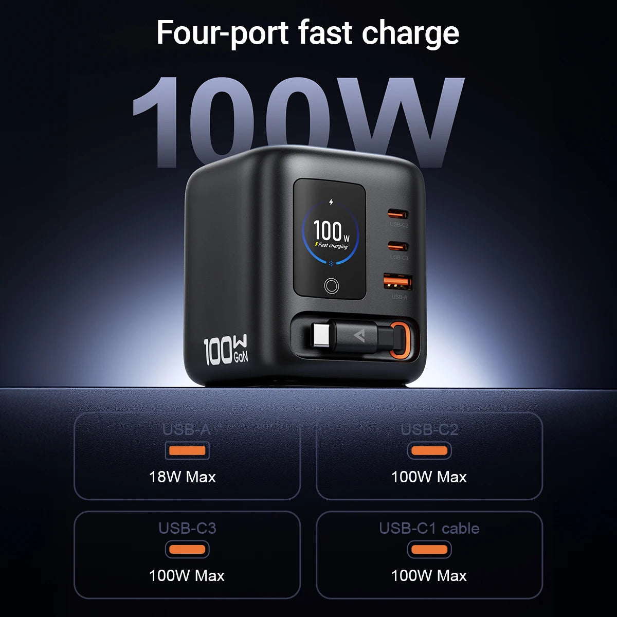 ACEFAST 100W GaN Charger With Retractable USB-C Cable