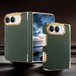 PU Leather Magnetic Flip Case with Dual-Axis Hinge and Lens Guard for iPhone Duo