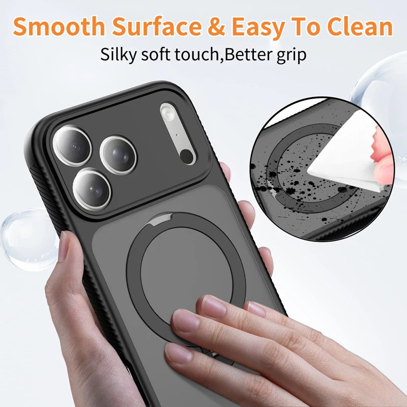 MagSafe Compatible Frosted Case with Rotatable Metal Ring Stand for iPhone 17 Series