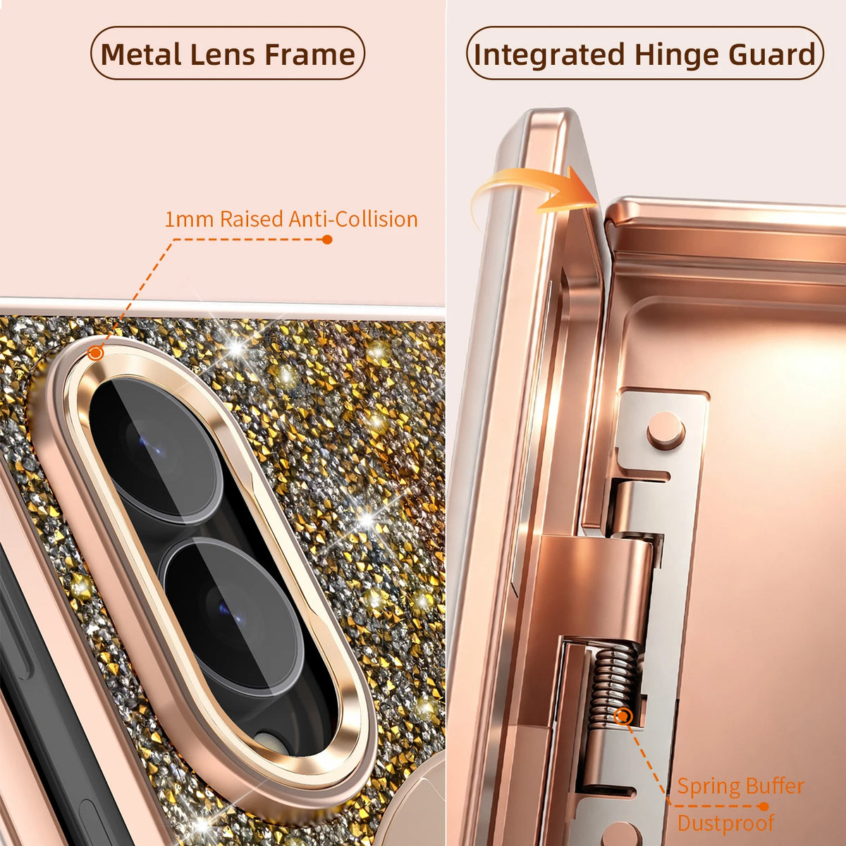 Glitter Case with Hinge Guard and Rotating Magnetic Ring Stand for Samsung Galaxy Z Fold 8