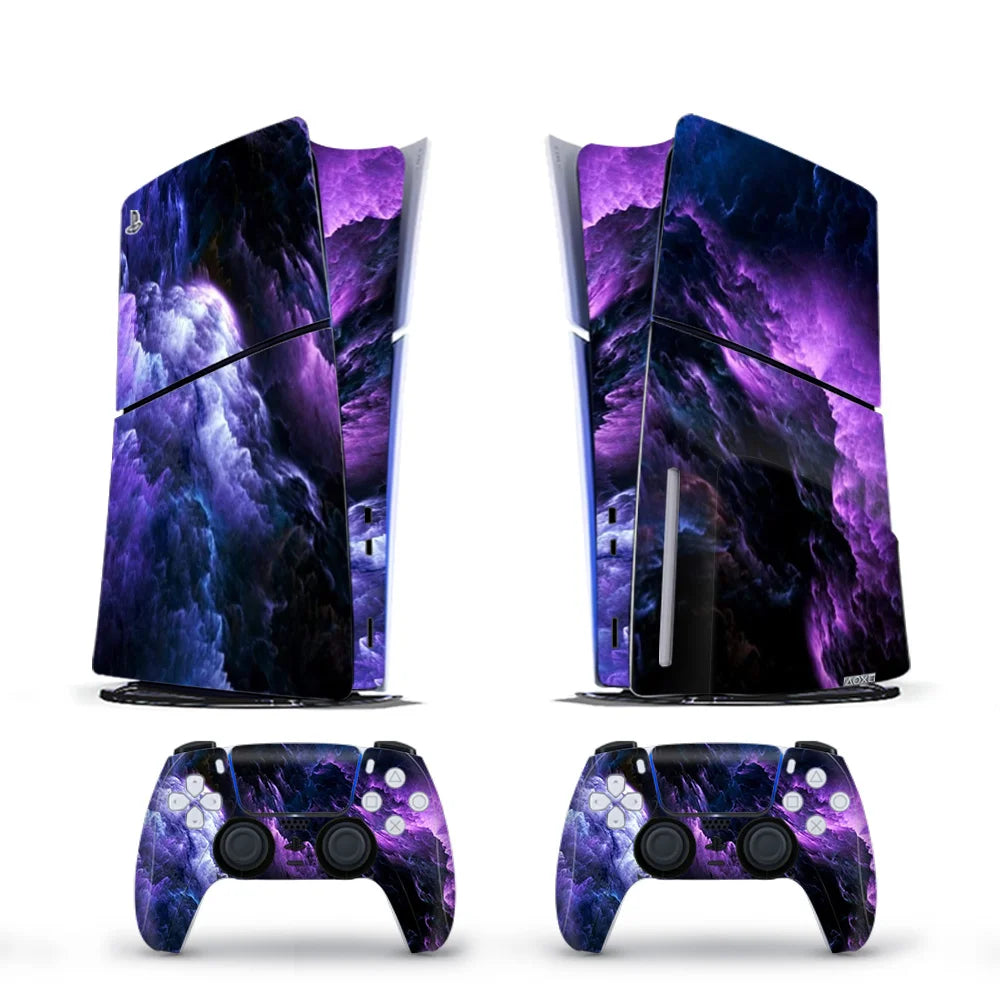 Gaming console and controller set with purple and black nebula design