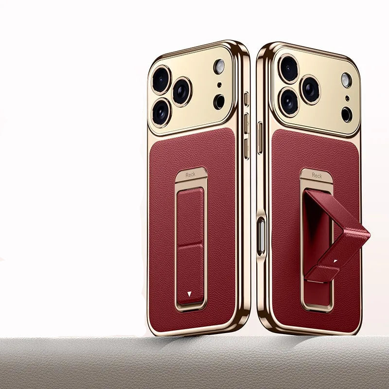 Luxury Business Leather Case with Alloy Kickstand and Wrist Strap for iPhone 17 Series