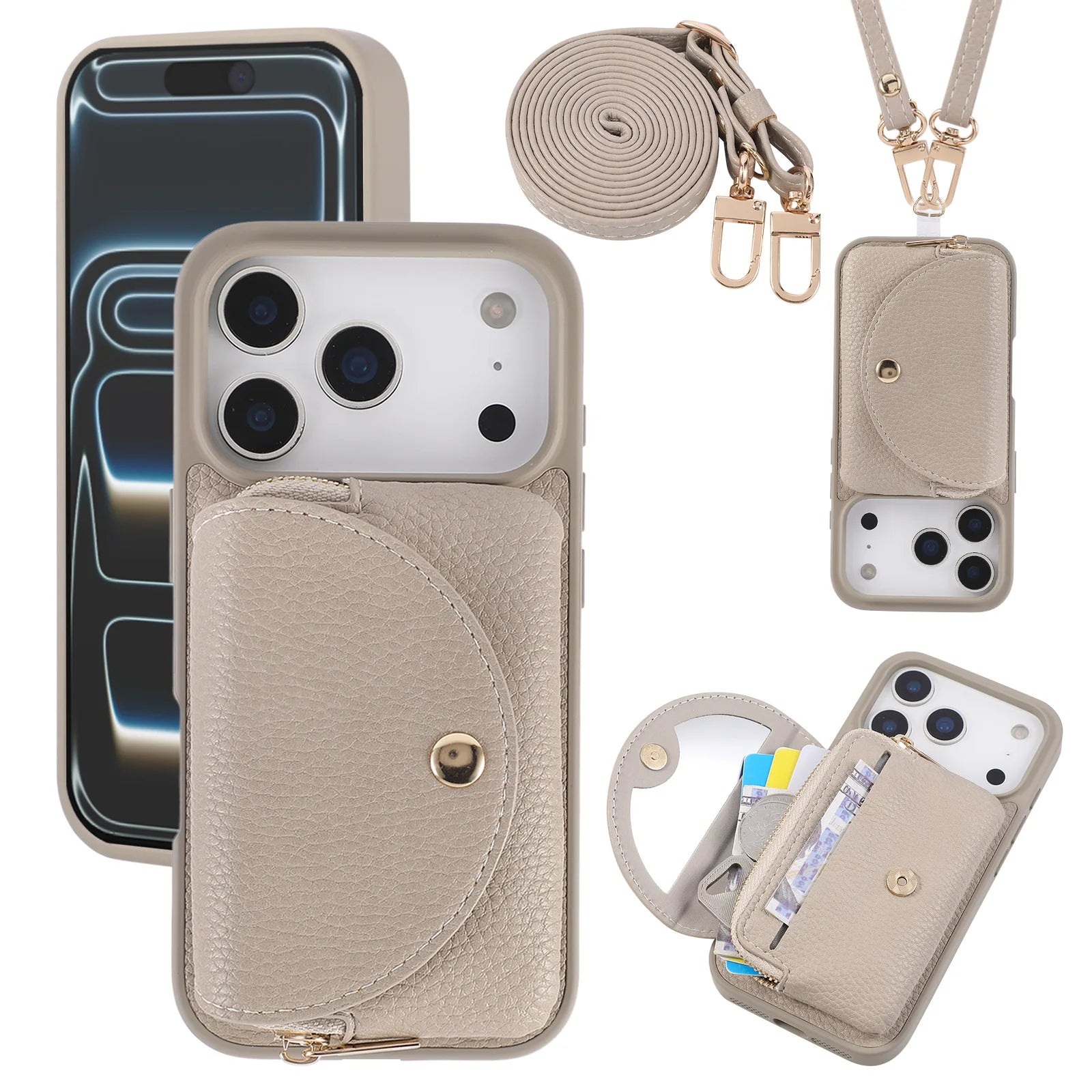 Crossbody Leather Wallet Case with Built-In Makeup Mirror for iPhone 17 Series