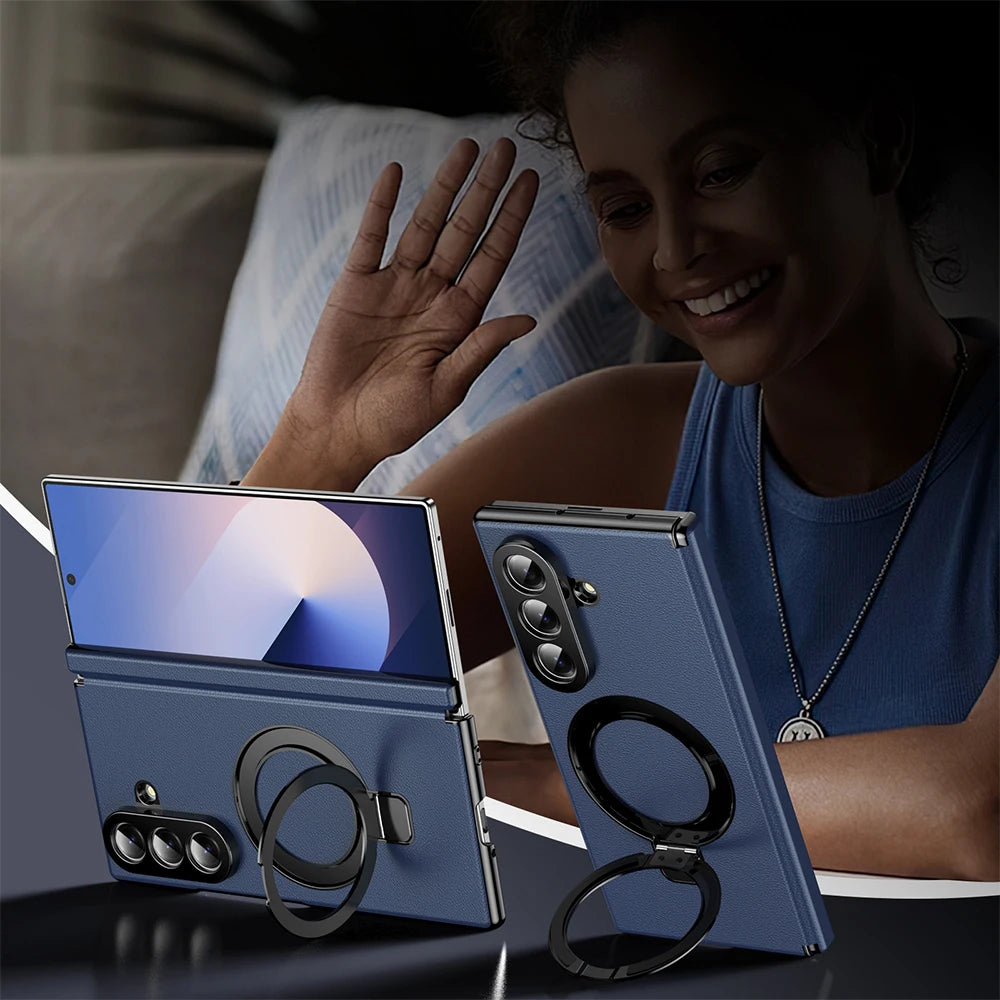 Samsung Galaxy Z Fold 6 Leather Case with Magnetic Holder and Screen Protector