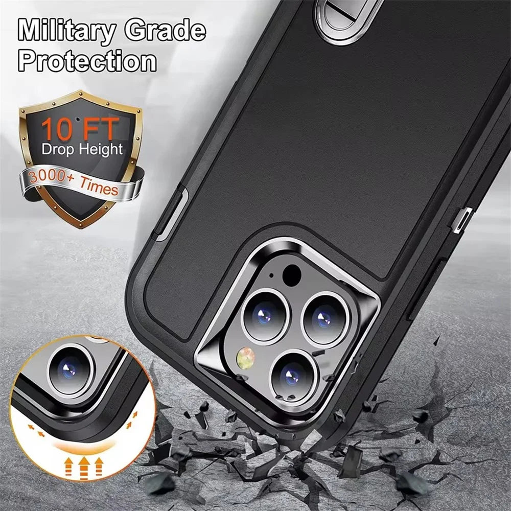 3-in-1 Hybrid Military-Grade Anti-Shock Case with Hard PC Holder for iPhone 16 Series