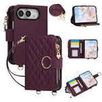 Leather Diamond-Quilted Crossbody Wallet Case with Detachable Long Lanyard Strap for iPhone Duo