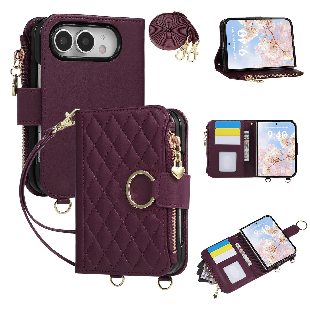 Leather Diamond-Quilted Crossbody Wallet Case with Detachable Long Lanyard Strap for iPhone Duo