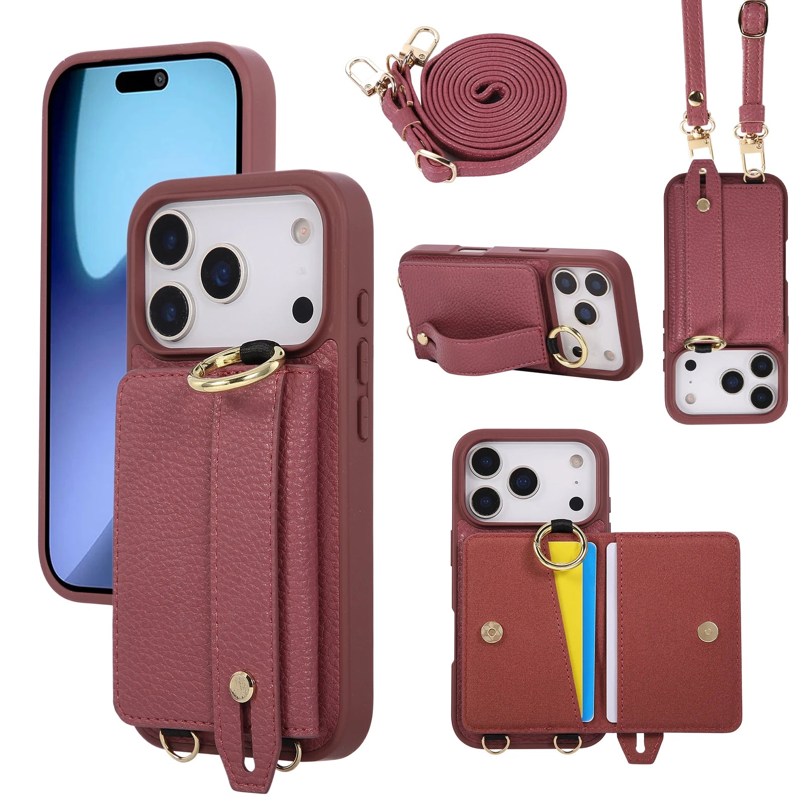 iPhone 17 Series Wallet Case with Crossbody Lanyard and Ring Holder