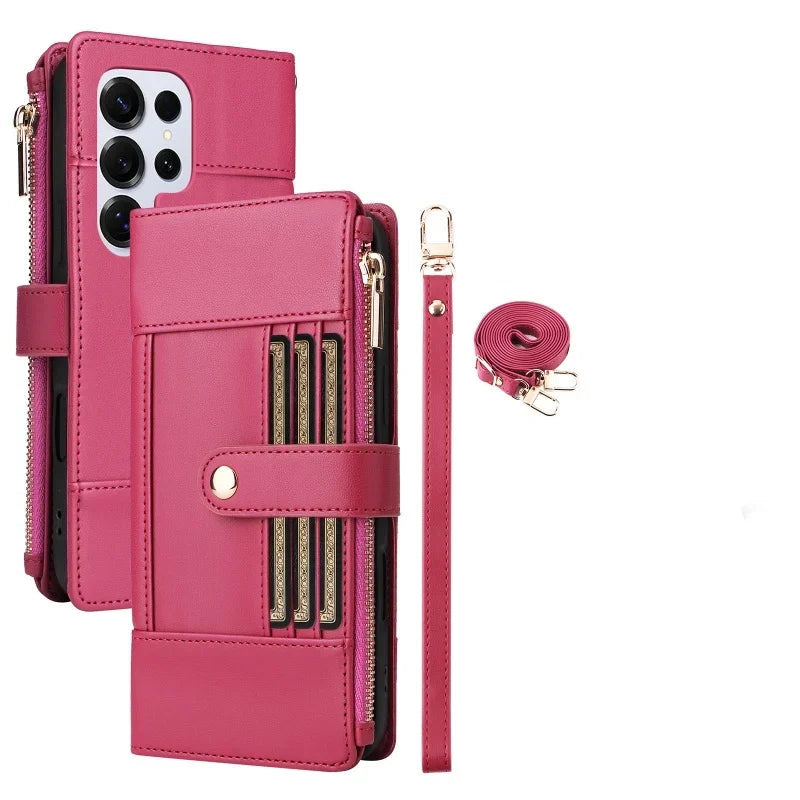 Samsung Galaxy S24 Series Leather Phone Case with Crossbody Strap and Zipper Wallet