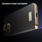 Premium 3D Carbon Fiber Plated Leather Phone Case with Alloy Shockproof Lens Protection for iPhone 16 Series