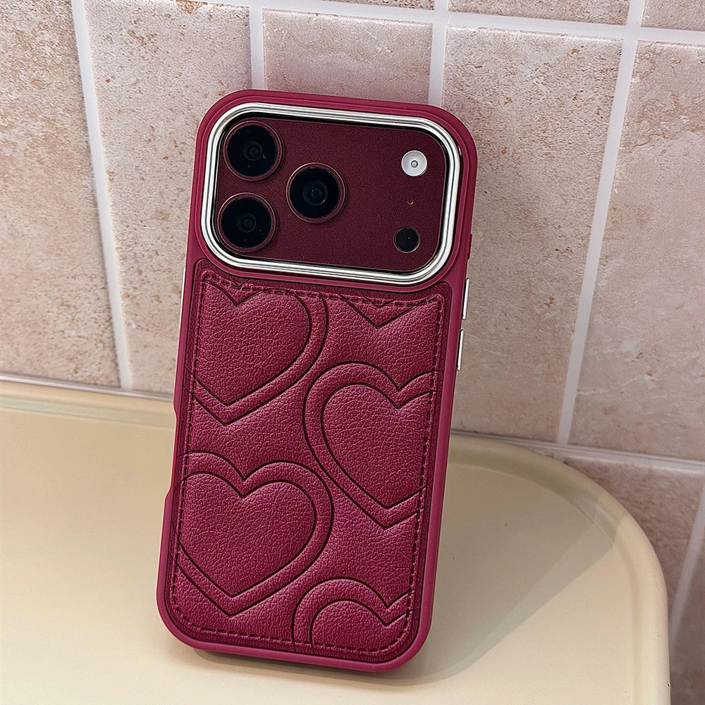 Embossed Heart Leather Case with Raised Camera Frame for iPhone 18 Series