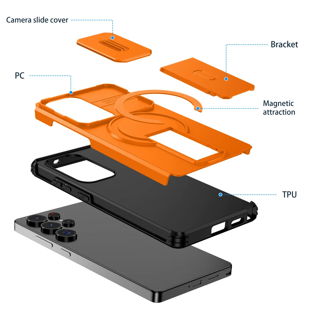 Rugged Armor Magnetic Case with Sliding Privacy Lens Shield for Samsung Galaxy S26 Series