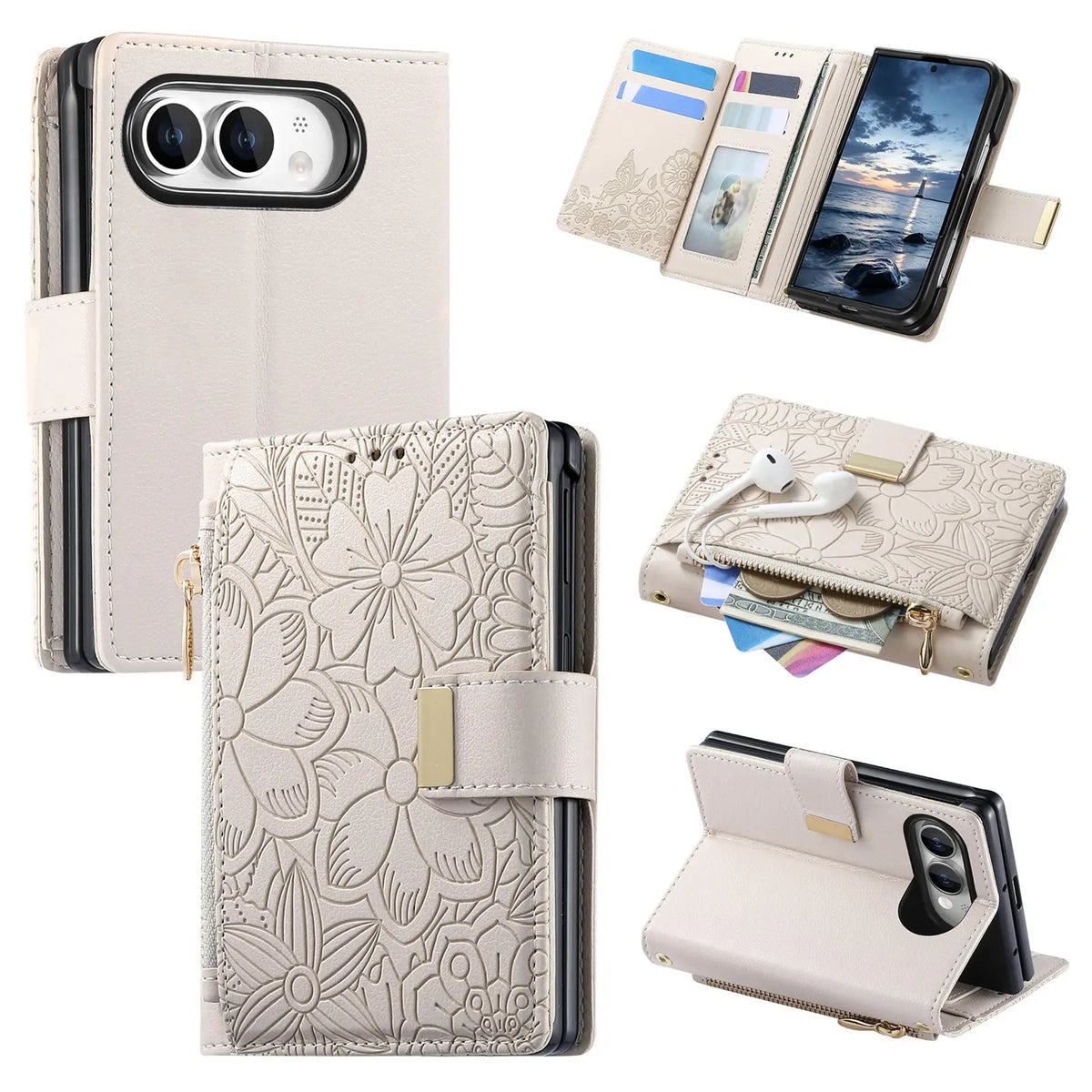 Embossed Leather Wallet Flip Case with Adjustable Stand for iPhone Duo