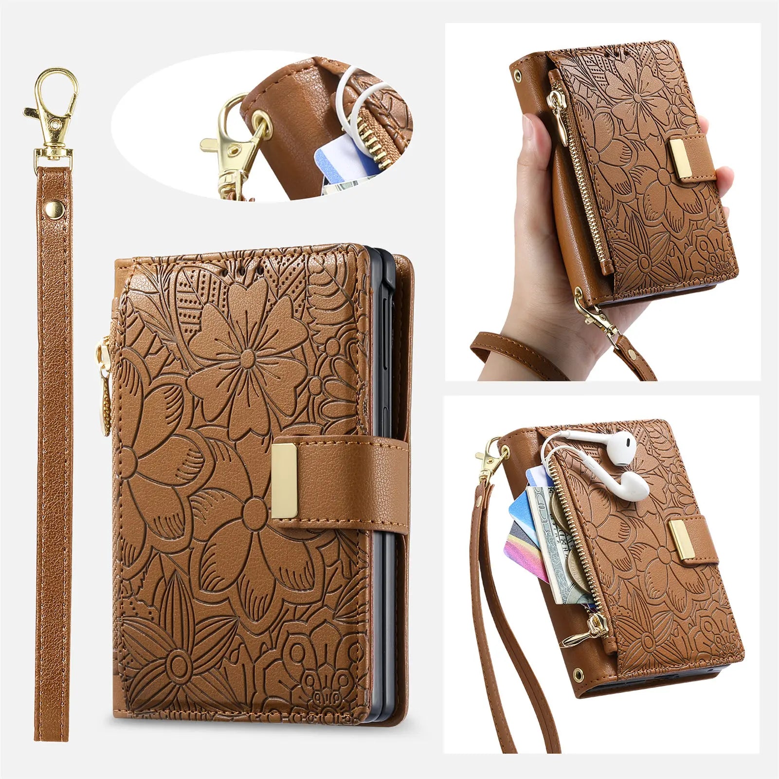 Fashion Leather Wallet Case with Zipper Pocket and Strap for Samsung Galaxy Z Fold 8