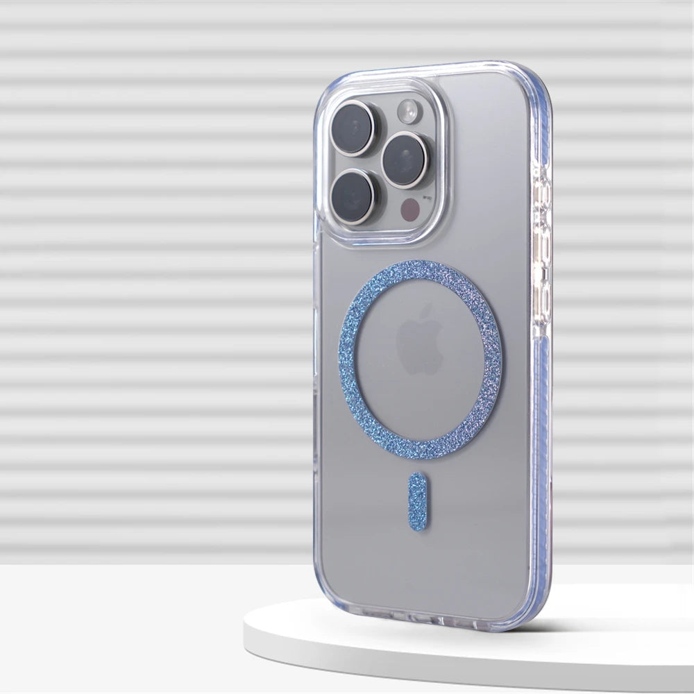Transparent Glitter Oval MagSafe Ring Case with Bumper Protection for iPhone 15 Series