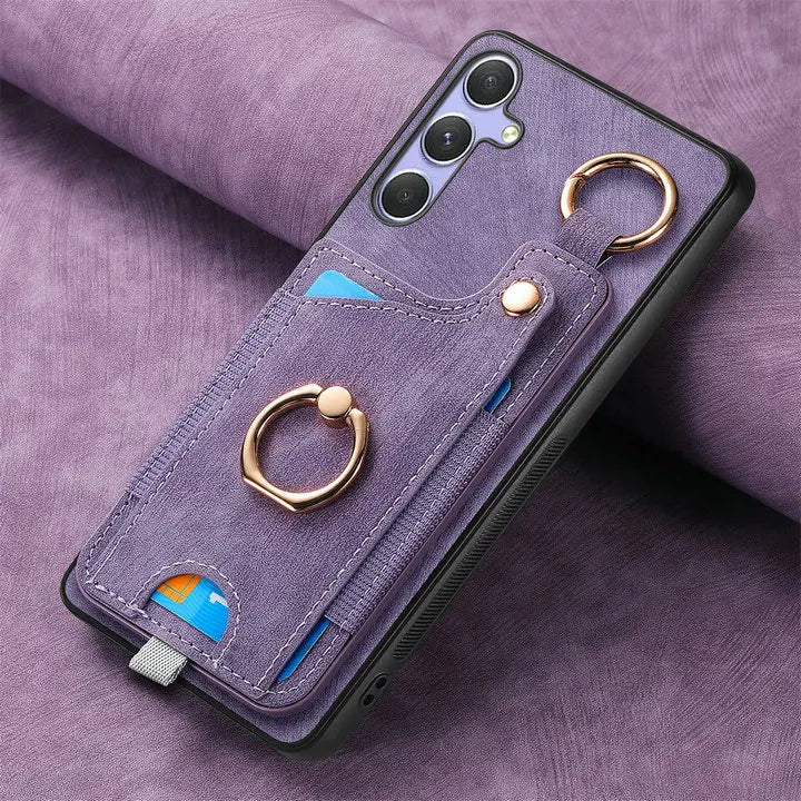 Leather Card Holder Case with 360° Rotating Ring Kickstand for Samsung Galaxy S26 Series