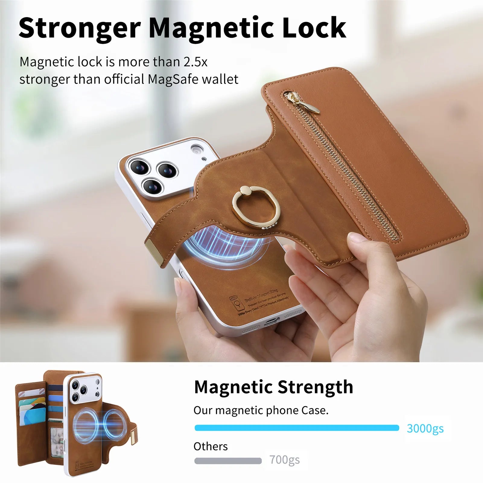 2-in-1 Detachable MagSafe Leather Wallet Case with Ring for iPhone 17 Series