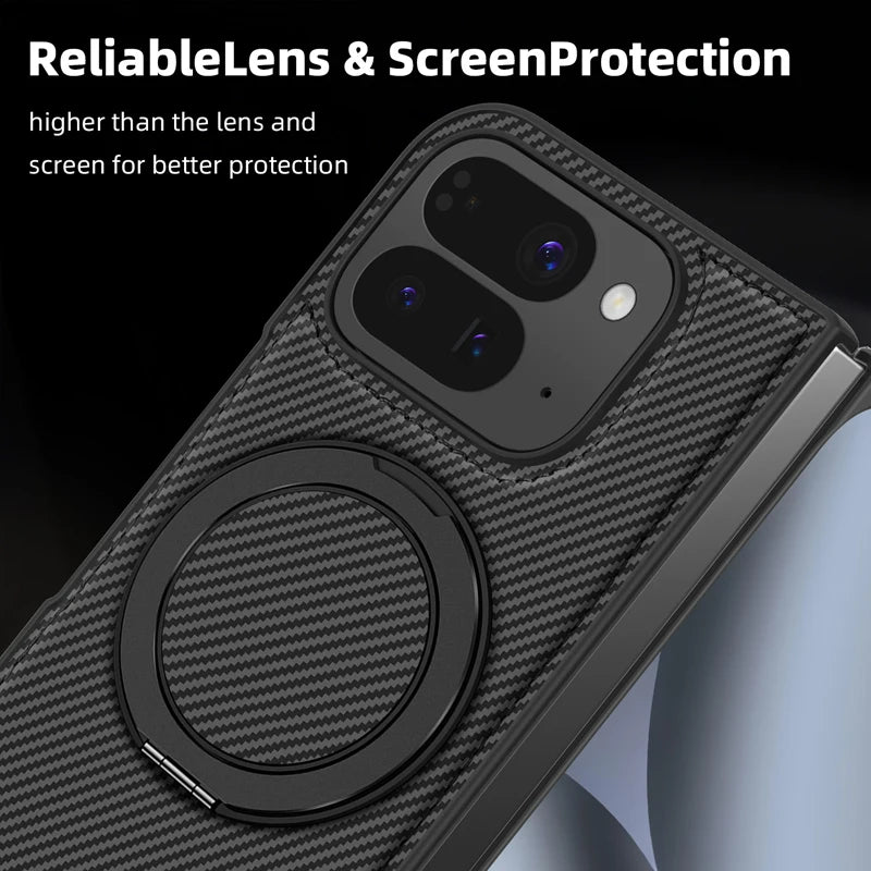 Carbon Fiber Open-Back Case with Rotating Magnetic Ring Stand for Pixel 10 Pro Fold