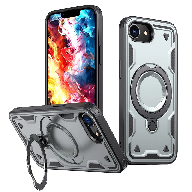 iPhone 16e Magnetic Hard PC + Soft TPU Case & Rotatable Ring Stand
