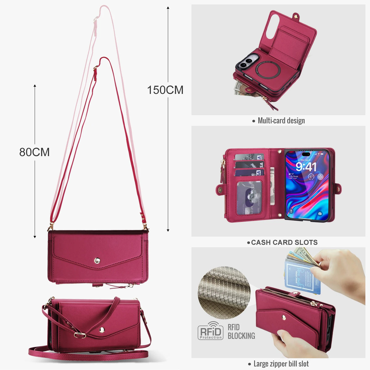 3-Card Detachable Magnetic Wallet Case with Convertible Lanyard Strap for iPhone Duo