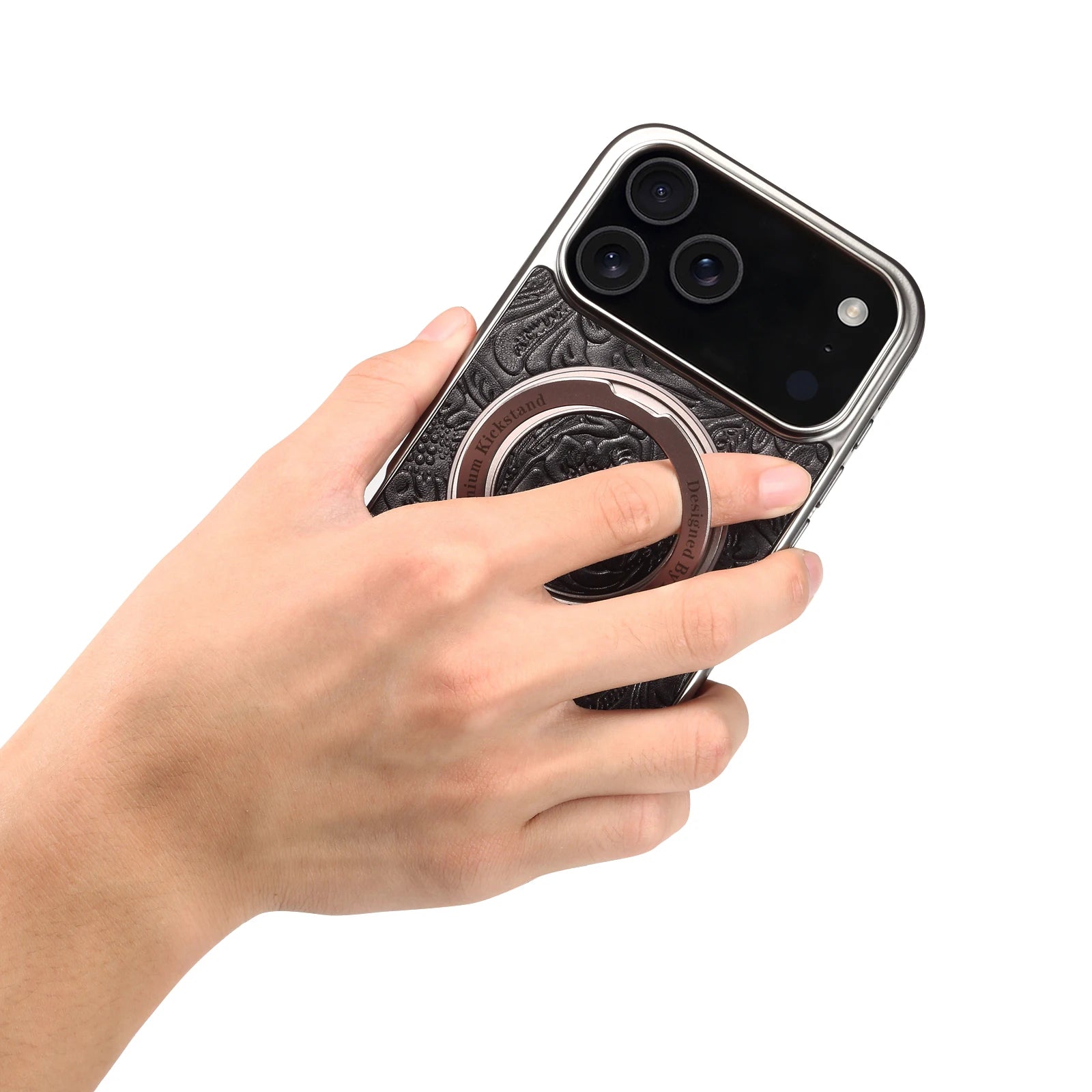 Retro Floral Cowhide Leather MagSafe Case with Rotating Stand for iPhone 17 Series