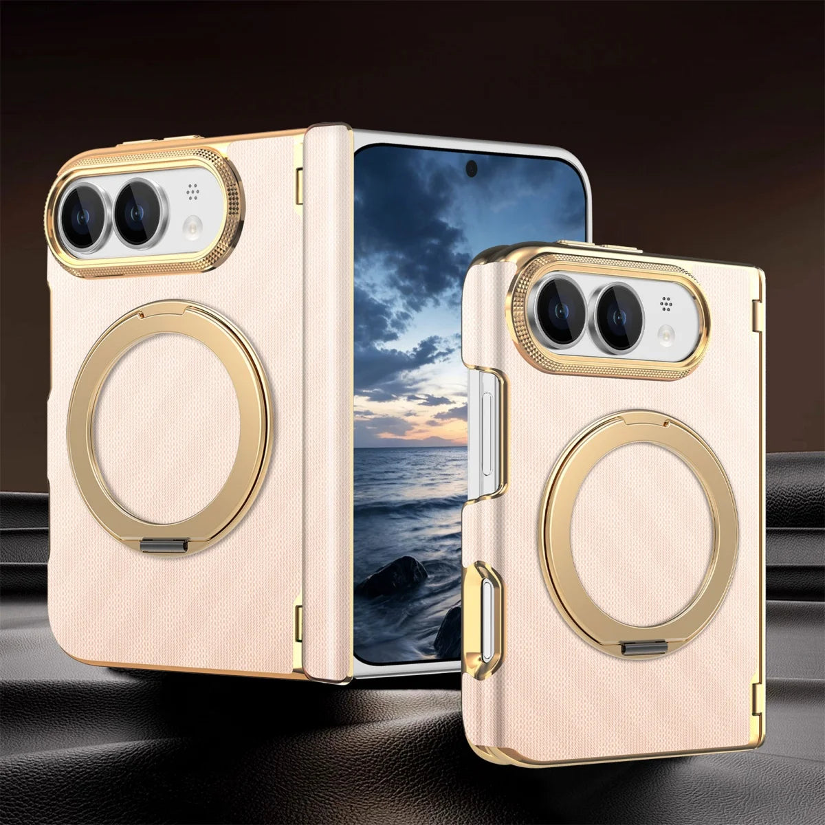 Fabric Leather Rotating Ring Holder Case with Electroplated Accents for iPhone Duo