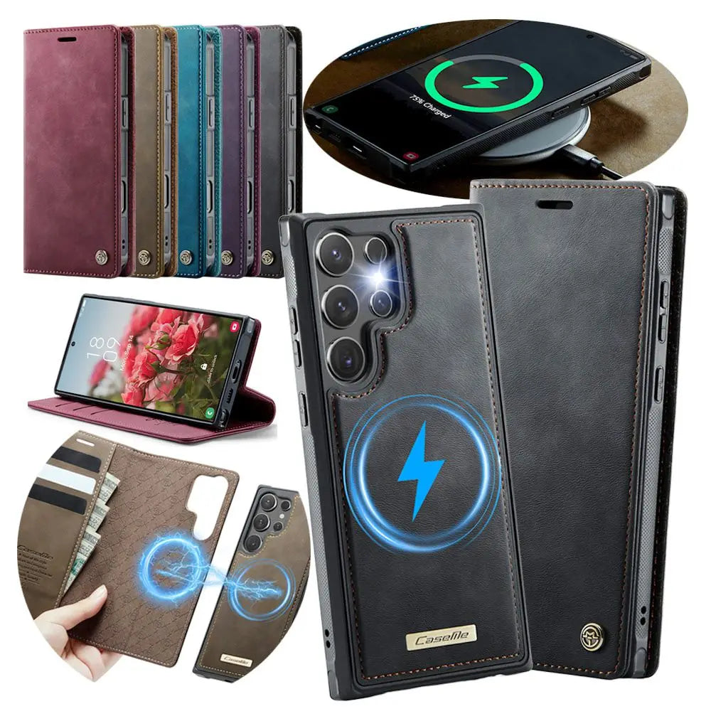 Slim Magnetic Leather Card Wallet Case for Samsung Galaxy S25 Series