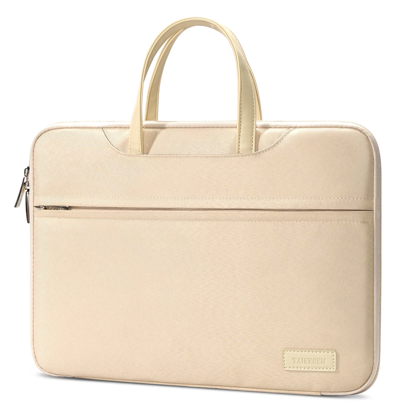 Beige laptop bag with a small pouch containing electronic devices on a white background