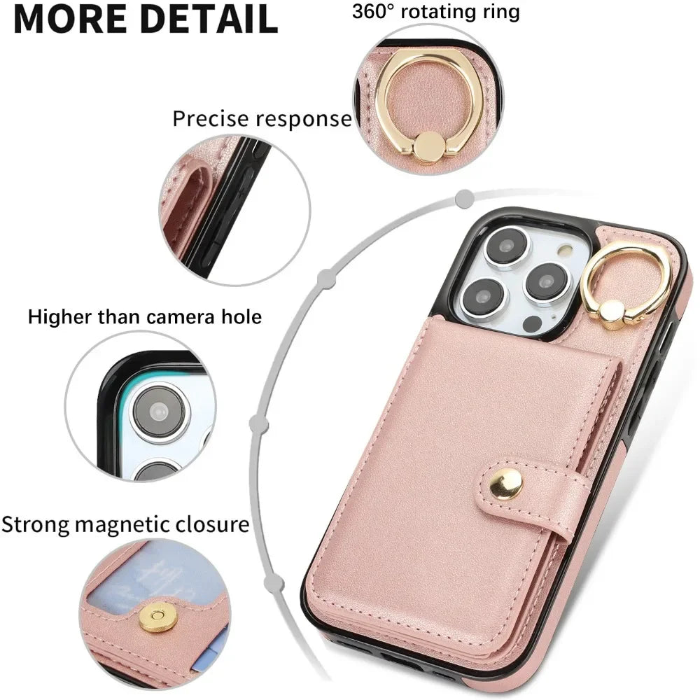 PU Leather Wallet Case with Card Slot and Ring Holder for iPhone 15 Series – Stylish & Functional