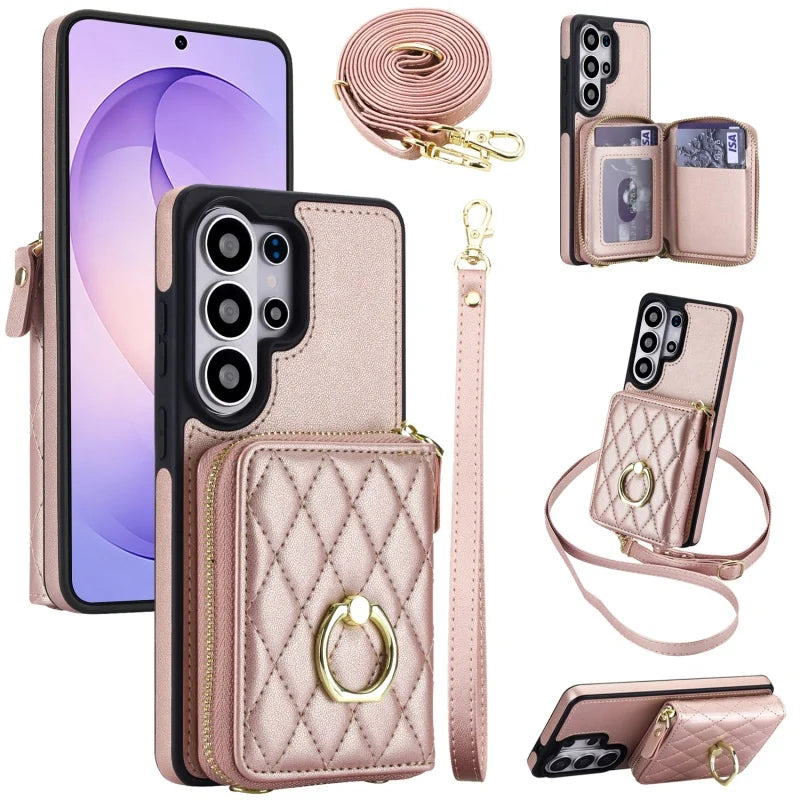 Crossbody Leather Wallet Case with Wrist Lanyard for Samsung Galaxy S26 Series