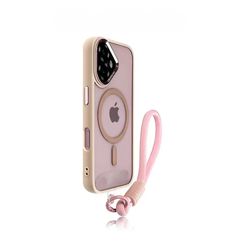Luxury Metal Lens MagSafe Case with Hand Strap for iPhone 16 Series