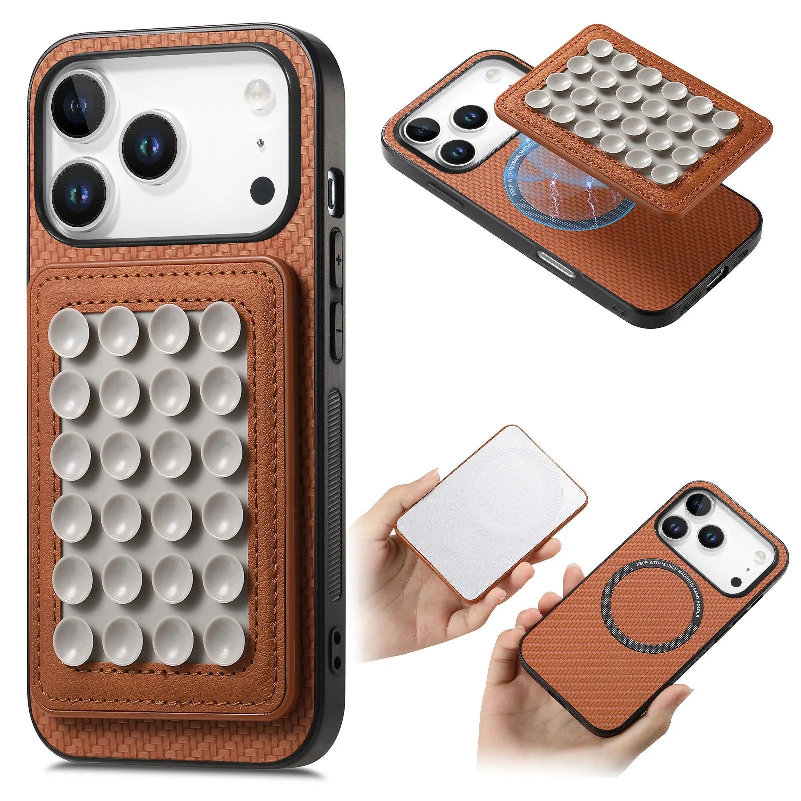 2-in-1 Detachable Fiber Texture MagSafe Leather Case with Card Holder & Suction Cup for iPhone 17 Series