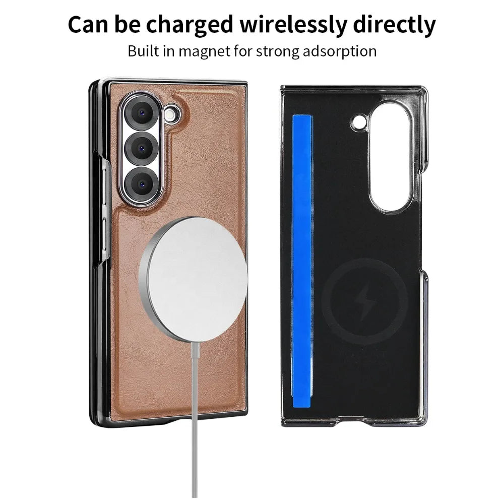 Samsung Galaxy Z Fold 6 Hard Shell Leather Case with Built-in Screen Protector