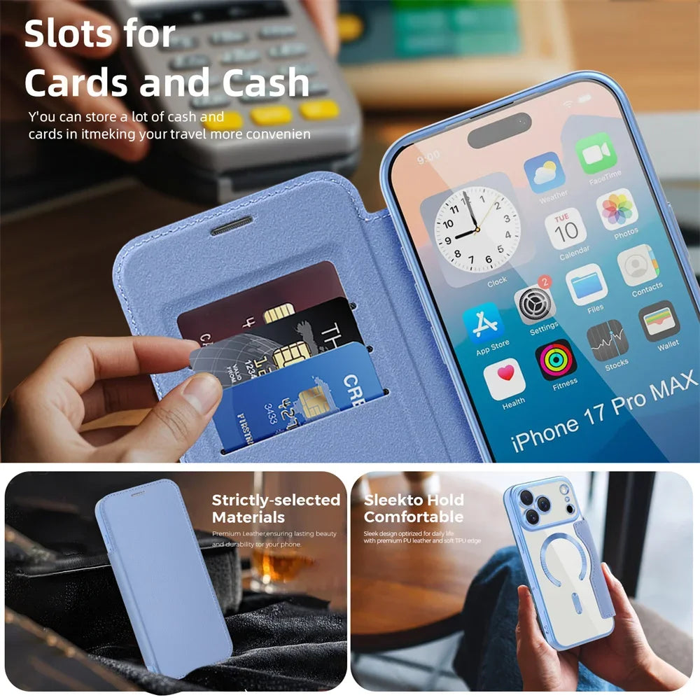 Premium Flip Leather MagSafe Case with Card Pocket for iPhone 17 Series
