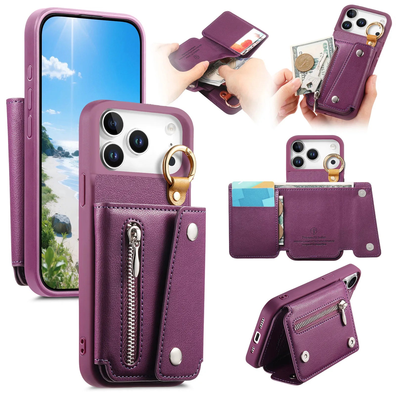 Zipper Wallet Leather Flip Case with Ring Holder for iPhone 17 Series